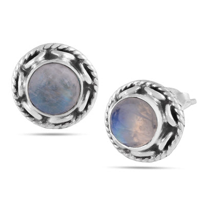 Alluring Twisted Wire Work Around Rainbow Moonstone Round Shape 925 Sterling Solid Silver Studs Earrings - R6100381-18