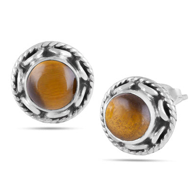 Alluring Twisted Wire Work Around Tiger's Eye Round Shape 925 Sterling Solid Silver Studs Earrings - R6100381-44