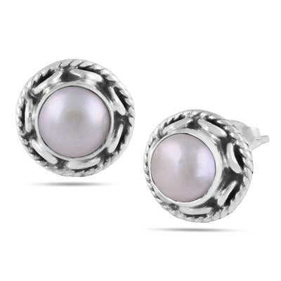 Alluring Twisted Wire Work Around Pearl Round Shape 925 Sterling Solid Silver Studs Earrings - R6100381-52
