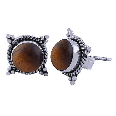 Beautiful Twisted Wire Work Around Tiger's Eye Round Shape 925 Sterling Solid Silver Studs Earrings - R6100383-41