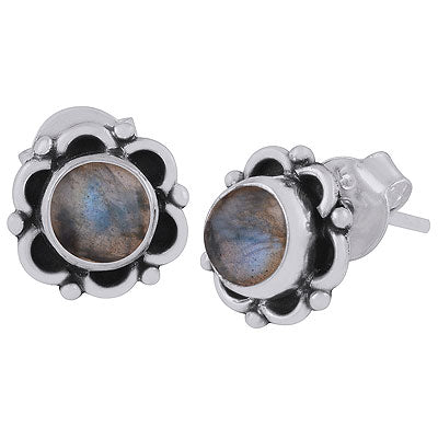 Alluring Flower Oxidised Around Labradorite Round Shape 925 Sterling Solid Silver Studs Earrings - R6100385-75