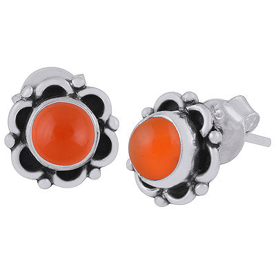 Alluring Flower Oxidised Around Carnelian Round Shape 925 Sterling Solid Silver Studs Earrings - R6100385-77