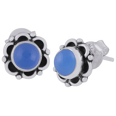 Alluring Flower Oxidised Around Blue Chalcedony Round Shape 925 Sterling Solid Silver Studs Earrings - R6100385-79
