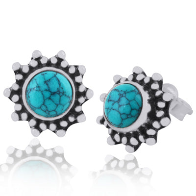 Gorgeous Rawa Work Pattern Around Turquoise Round Shape 925 Sterling Solid Silver Studs Earrings - R6100387-10