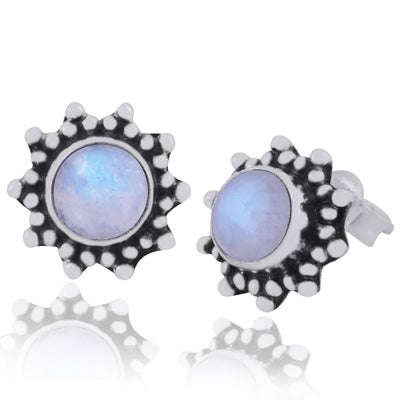 Gorgeous Rawa Work Pattern Around Rainbow Moonstone Round Shape 925 Sterling Solid Silver Studs Earrings - R6100387-16