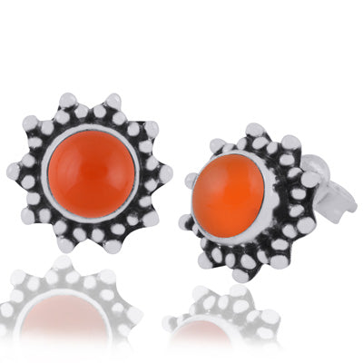 Gorgeous Rawa Work Pattern Around Carnelian Round Shape 925 Sterling Solid Silver Studs Earrings - R6100387-34