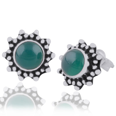 Gorgeous Rawa Work Pattern Around Green Onyx Round Shape 925 Sterling Solid Silver Studs Earrings - R6100387-38