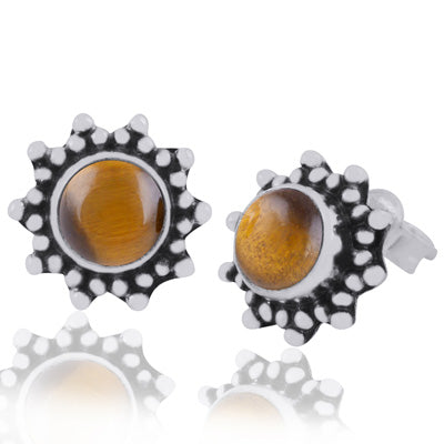 Gorgeous Rawa Work Pattern Around Tiger's Eye Round Shape 925 Sterling Solid Silver Studs Earrings - R6100387-42
