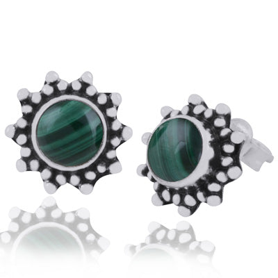 Gorgeous Rawa Work Pattern Around Malachite Round Shape 925 Sterling Solid Silver Studs Earrings - R6100387-46