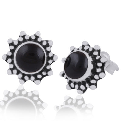 Gorgeous Rawa Work Pattern Around Black Onyx Round Shape 925 Sterling Solid Silver Studs Earrings - R6100387-56