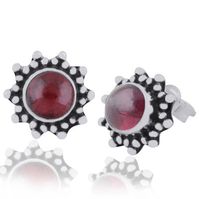 Gorgeous Rawa Work Pattern Around Garnet Round Shape 925 Sterling Solid Silver Studs Earrings - R6100387-6