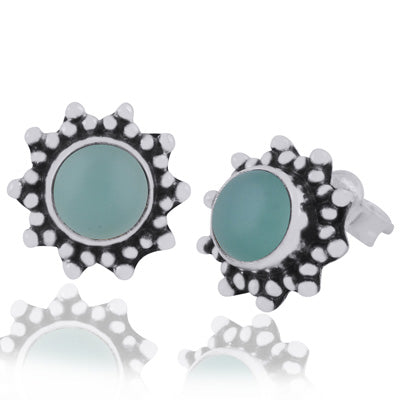 Gorgeous Rawa Work Pattern Around Aqua Chalcedony Round Shape 925 Sterling Solid Silver Studs Earrings - R6100387-61