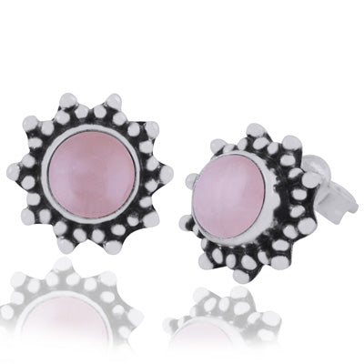 Gorgeous Rawa Work Pattern Around Rose Quartz Round Shape 925 Sterling Solid Silver Studs Earrings - R6100387-62