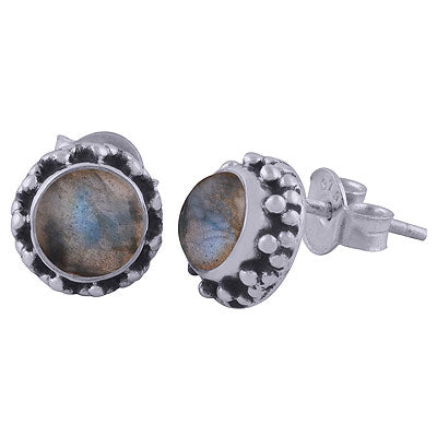 Beautiful Rawa Work Around Labradorite Round Shape 925 Sterling Solid Silver Studs Earrings - R6100410-55