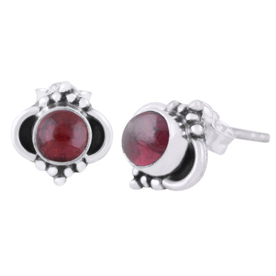 Beautiful Oxidised Rawa Work Around Garnet Round Shape 925 Sterling Solid Silver Stud Earrings - R6100434-1