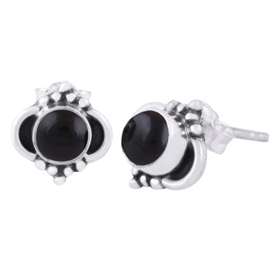 Beautiful Oxidised Rawa Work Around Black Onyx Round Shape 925 Sterling Solid Silver Stud Earrings - R6100434-101