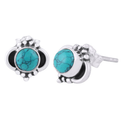 Beautiful Oxidised Rawa Work Around Turquoise Round Shape 925 Sterling Solid Silver Stud Earrings - R6100434-11