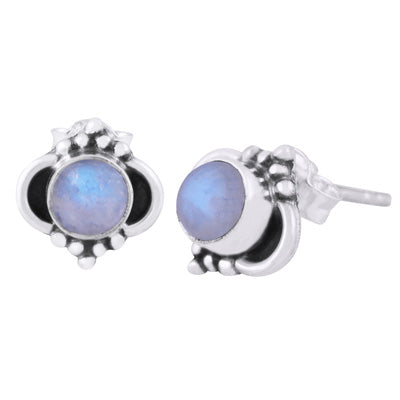 Beautiful Oxidised Rawa Work Around Rainbow Moonstone Round Shape 925 Sterling Solid Silver Stud Earrings - R6100434-30