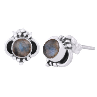 Beautiful Oxidised Rawa Work Around Labradorite Round Shape 925 Sterling Solid Silver Stud Earrings - R6100434-44
