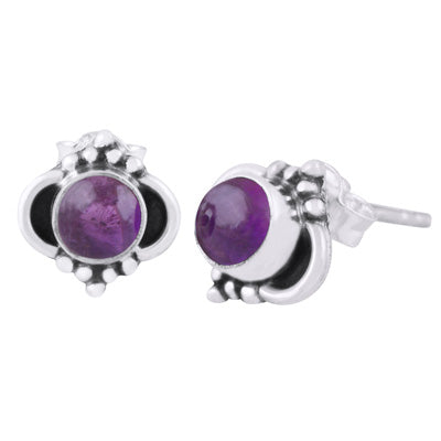 Beautiful Oxidised Rawa Work Around Amethyst Round Shape 925 Sterling Solid Silver Stud Earrings - R6100434-5