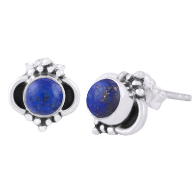Beautiful Oxidised Rawa Work Around Lapis Round Shape 925 Sterling Solid Silver Stud Earrings - R6100434-58