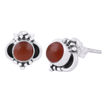 Beautiful Oxidised Rawa Work Around Carnelian Round Shape 925 Sterling Solid Silver Stud Earrings - R6100434-71