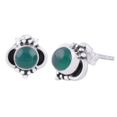 Beautiful Oxidised Rawa Work Around Green Onyx Round Shape 925 Sterling Solid Silver Stud Earrings - R6100434-79