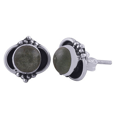 Beautiful Oxidised Rawa Work Around Green Aventurine Round Shape 925 Sterling Solid Silver Stud Earrings - R6100434-81