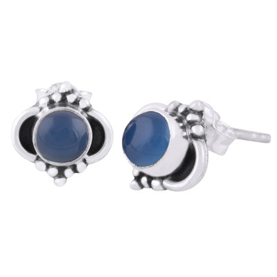Beautiful Oxidised Rawa Work Around Blue Chalcedony Round Shape 925 Sterling Solid Silver Stud Earrings - R6100434-83