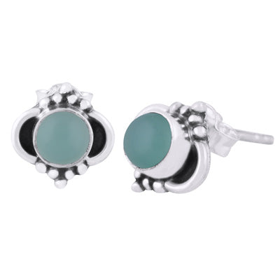 Beautiful Oxidised Rawa Work Around Aqua Chalcedony Round Shape 925 Sterling Solid Silver Stud Earrings - R6100434-84