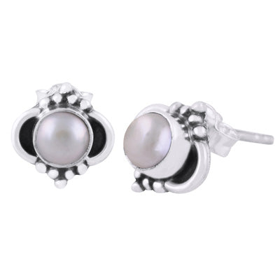 Beautiful Oxidised Rawa Work Around Pearl Round Shape 925 Sterling Solid Silver Stud Earrings - R6100434-94