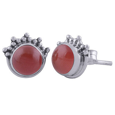 Gorgeous Rawa Work at Top Carnelian Round Shape 925 Sterling Solid Silver Stud Earrings - R6100442-64