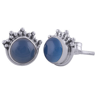 Gorgeous Rawa Work at Top Blue Chalcedony Round Shape 925 Sterling Solid Silver Stud Earrings - R6100442-75