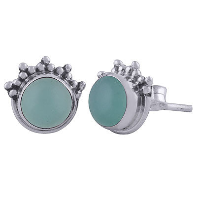 Gorgeous Rawa Work at Top Aqua Chalcedony Round Shape 925 Sterling Solid Silver Stud Earrings - R6100442-76
