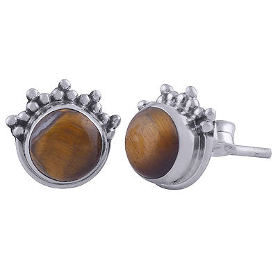 Gorgeous Rawa Work at Top Tiger's Eye Round Shape 925 Sterling Solid Silver Stud Earrings - R6100442-78