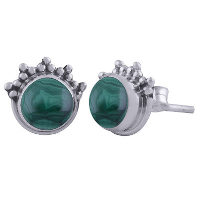 Gorgeous Rawa Work at Top Malachite Round Shape 925 Sterling Solid Silver Stud Earrings - R6100442-81