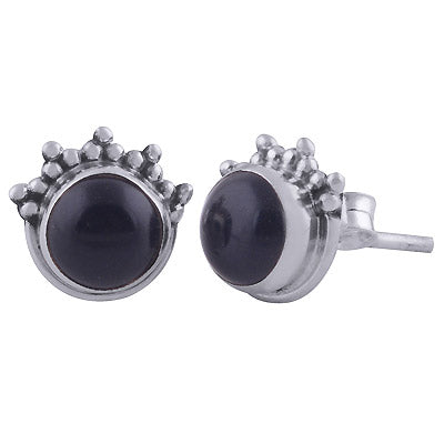 Gorgeous Rawa Work at Top Black Onyx Round Shape 925 Sterling Solid Silver Stud Earrings - R6100442-95