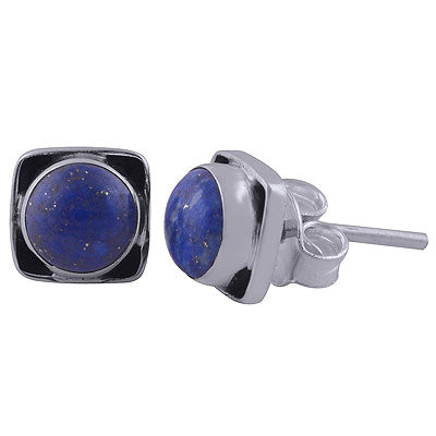 Stunning Oxidised Work Around Lapis Round Shape 925 Sterling Solid Silver Studs Earrings - R6100447-51