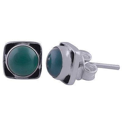 Stunning Oxidised Work Around Green Onyx Round Shape 925 Sterling Solid Silver Studs Earrings - R6100447-73