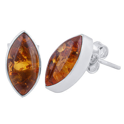Beautiful Plain Collet Amber Marquise Shape 925 Sterling Solid Silver Studs Earrings - R6100471-1
