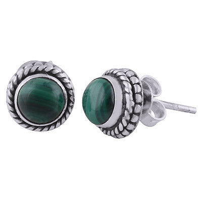 Stunning Rawa Pattern & Twisted Wire Around Malachite Round Shape 925 Sterling Solid Silver Stud Earrings - R6100525-10