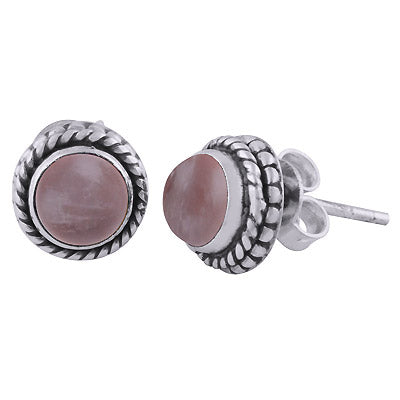 Stunning Rawa Pattern & Twisted Wire Around Rose Quartz Round Shape 925 Sterling Solid Silver Stud Earrings - R6100525-11