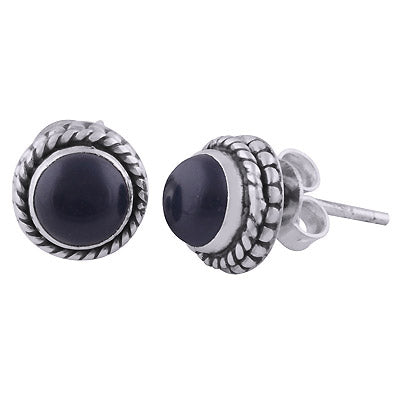 Stunning Rawa Pattern & Twisted Wire Around Black Onyx Round Shape 925 Sterling Solid Silver Stud Earrings - R6100525-13
