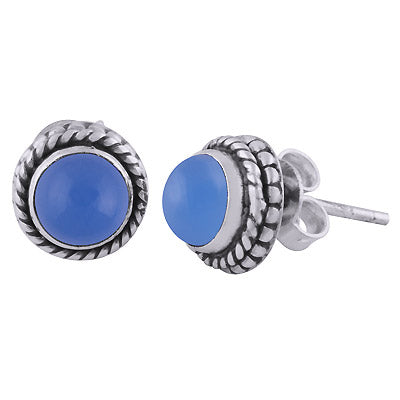 Stunning Rawa Pattern & Twisted Wire Around Blue Chalcedony Round Shape 925 Sterling Solid Silver Stud Earrings - R6100525-14