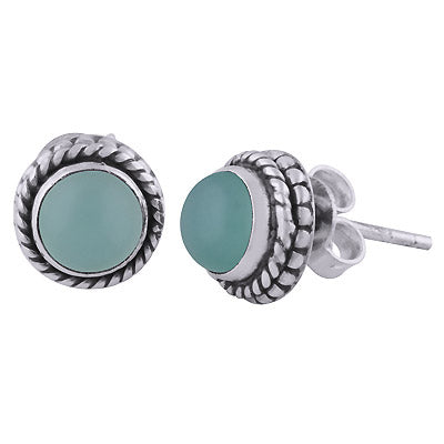 Stunning Rawa Pattern & Twisted Wire Around Aqua Chalcedony Round Shape 925 Sterling Solid Silver Stud Earrings - R6100525-15