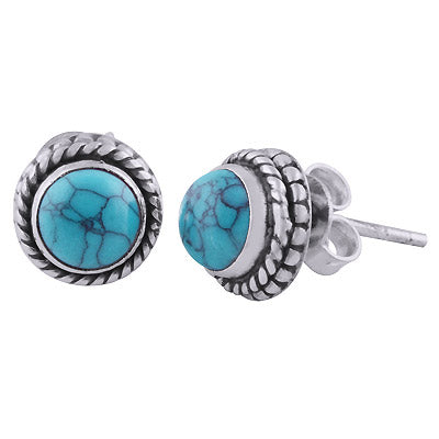 Stunning Rawa Pattern & Twisted Wire Around Turquoise Round Shape 925 Sterling Solid Silver Stud Earrings - R6100525-3