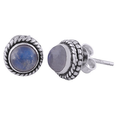 Stunning Rawa Pattern & Twisted Wire Around Rainbow Moonstone Round Shape 925 Sterling Solid Silver Stud Earrings - R6100525-4