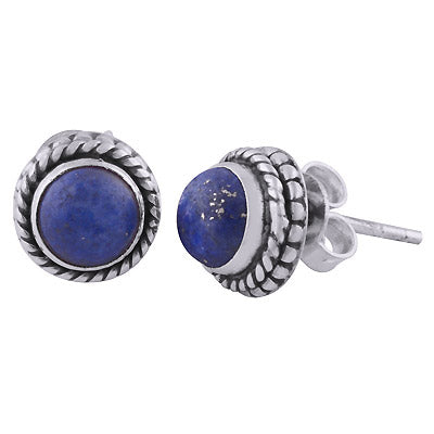 Stunning Rawa Pattern & Twisted Wire Around Lapis Round Shape 925 Sterling Solid Silver Stud Earrings - R6100525-6