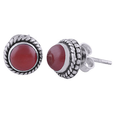 Stunning Rawa Pattern & Twisted Wire Around Carnelian Round Shape 925 Sterling Solid Silver Stud Earrings - R6100525-7