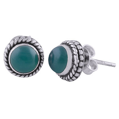 Stunning Rawa Pattern & Twisted Wire Around Green Onyx Round Shape 925 Sterling Solid Silver Stud Earrings - R6100525-8